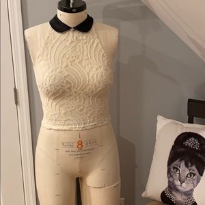 Black satin collar cream lace crop top